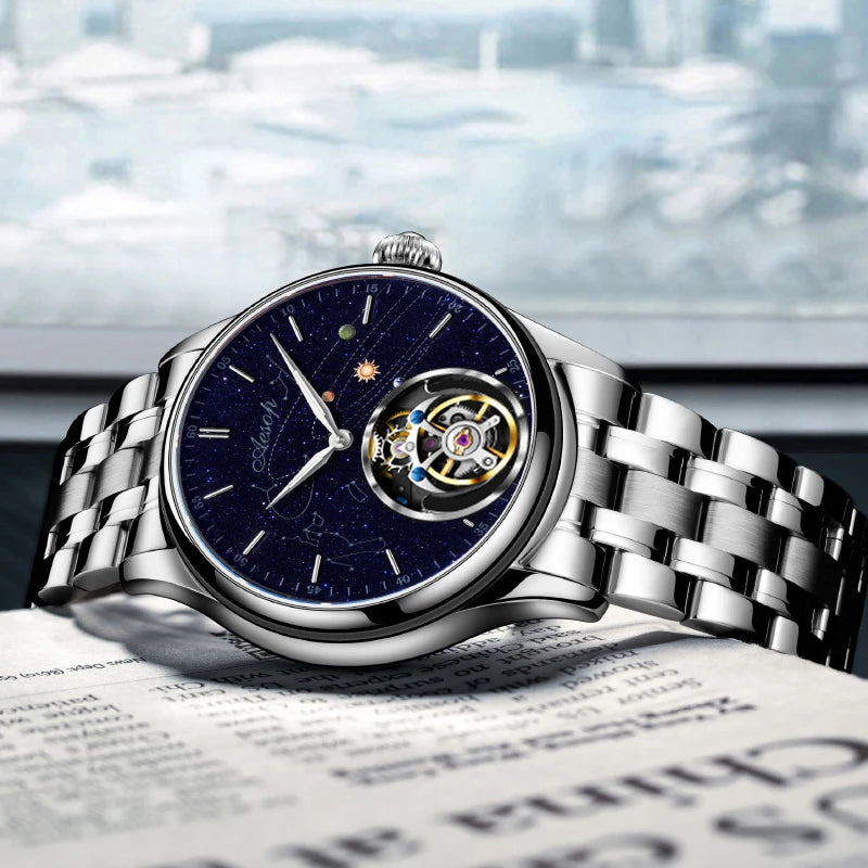 Super AESOP Flying Tourbillon Watch for Men- Milky Way Star Sapphire Dial Luxury Steel Band Mechanical WristWatches 1963