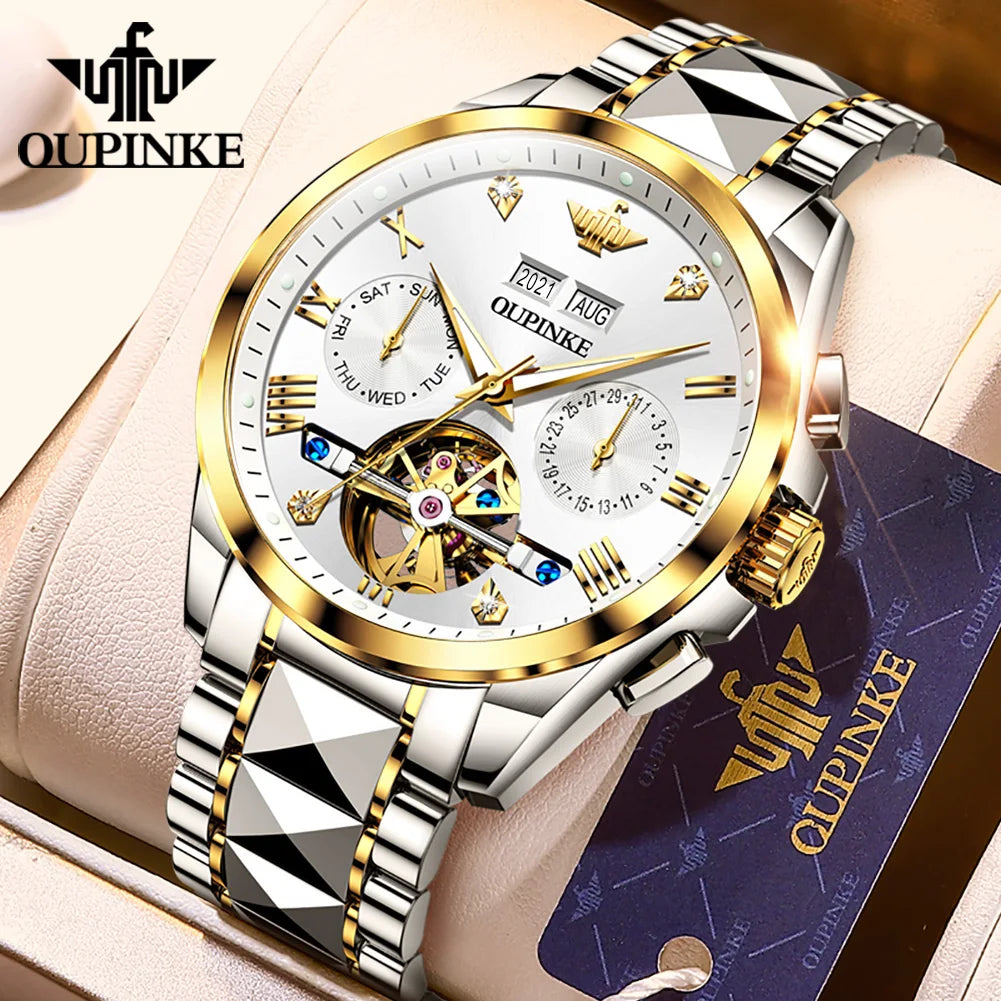 OUPINKE 3186 Luxury Hollow Mechanical Watch For Men -Auto Date Deep Waterproof Wristwatch and Top Brand Roman Scale Dress Watch