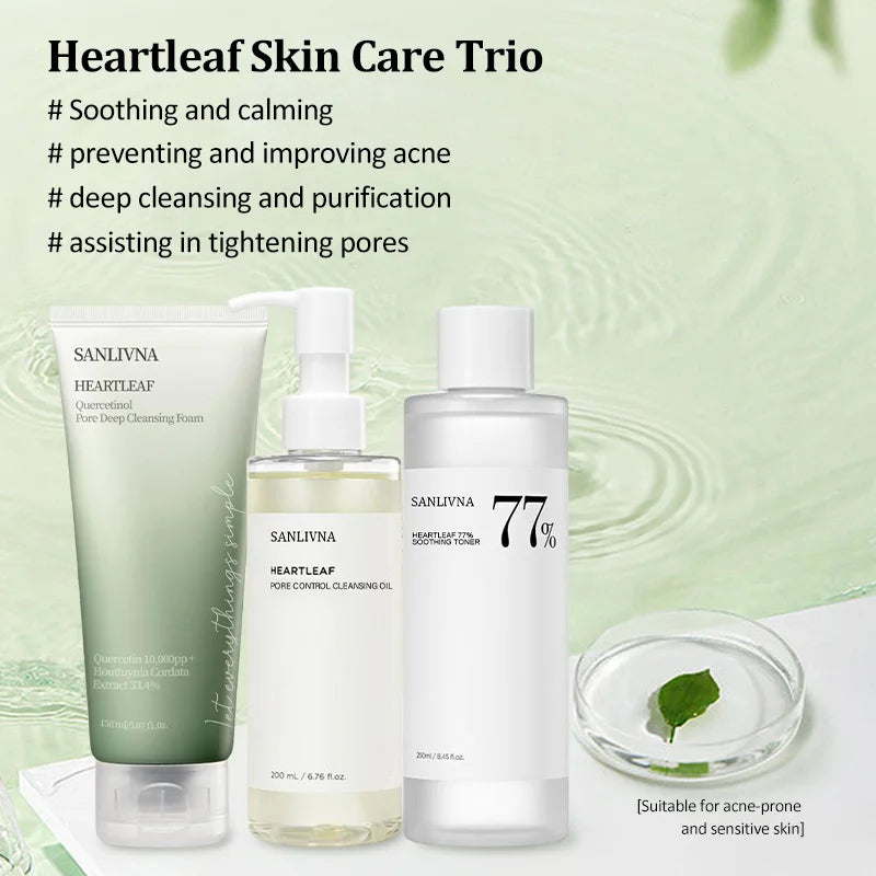 Sanlivna Korean Skincare Heartleaf 3-Piece Set - Soothing Cleanse & Pore Care with Quercetin-Unisex