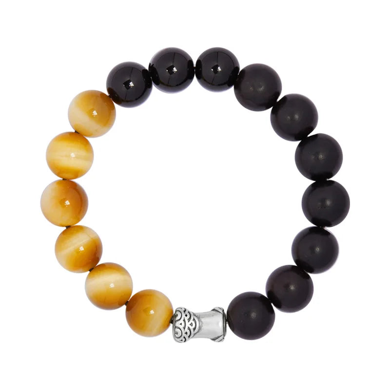 Men Bicolor Natural Tiger Eyes Obsidian Stone Bracelet- Lucky Crystals Charm Bracelet New Fashion Life Tree Jewelry