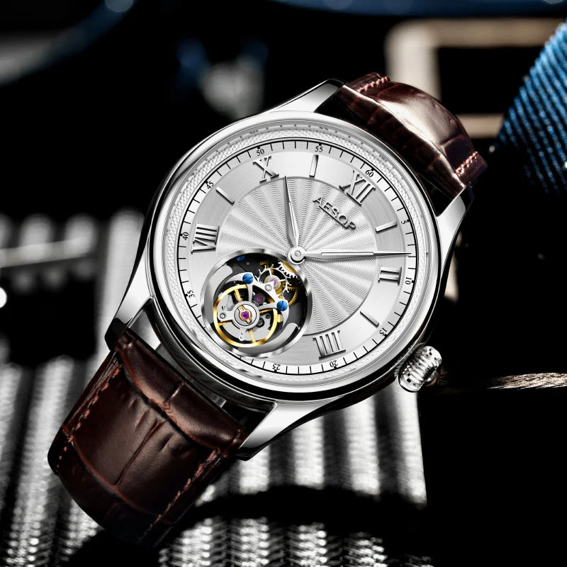 AESOP Flying Tourbillon Watch For Men- Skeleton Tourbillon Movement Mechanical Men`s Watches with Sapphire Mirror.