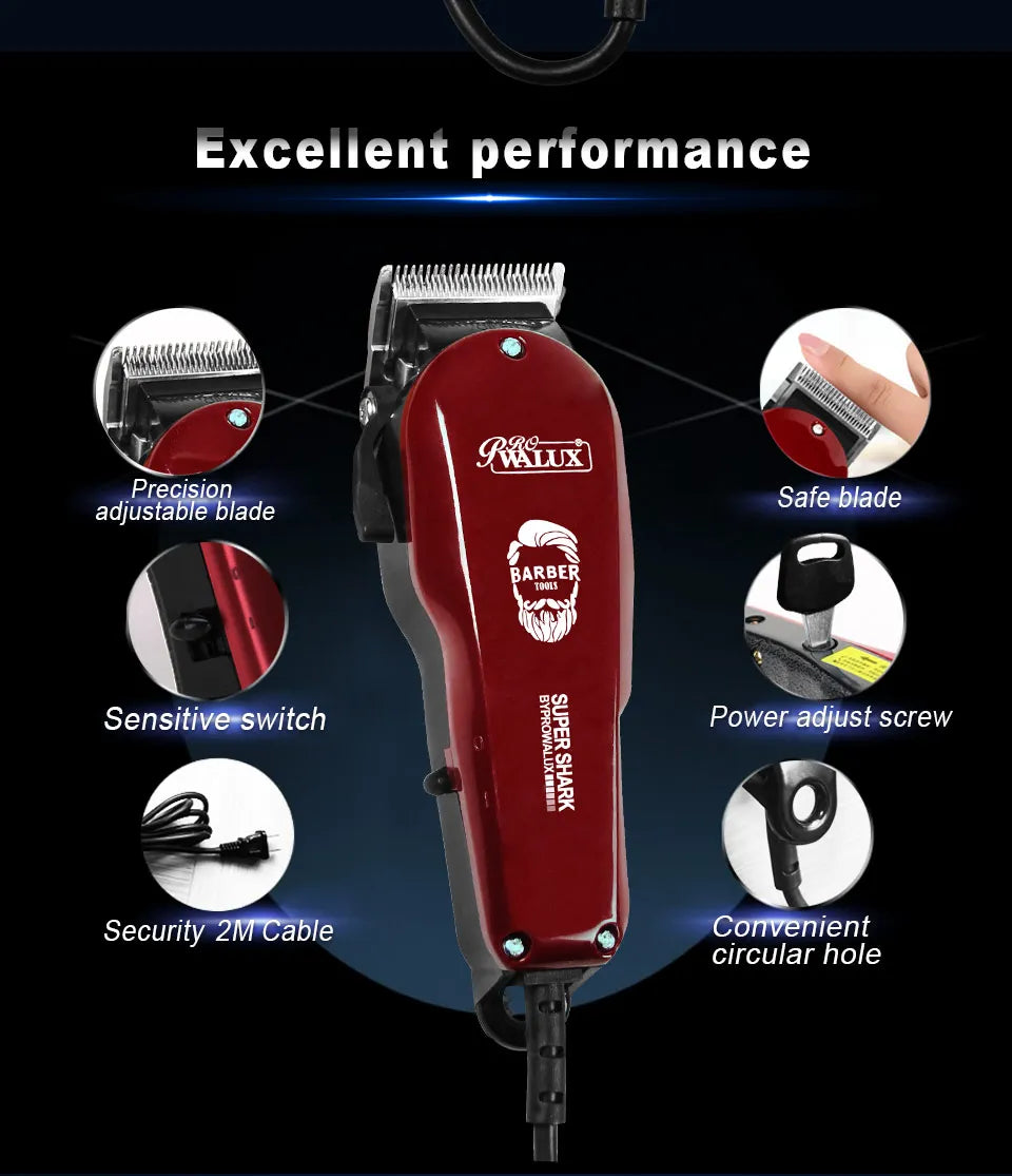 WALUX Professional AC220-240V Hair Clipper 10W Powerful Hair Trimmer- Home Man Shaver 2M Cable Hair Cutting Machine 8 Guard Combs