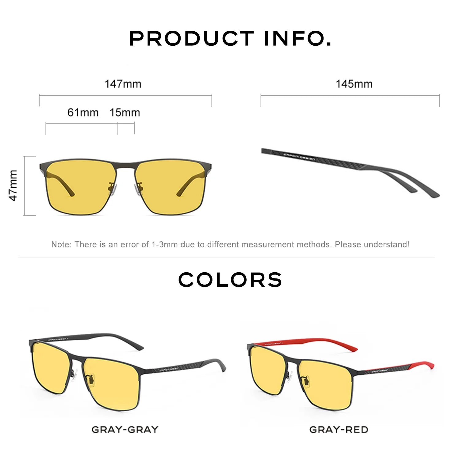 CAPONI Men’s Sunglasses Carbon Fiber Original Brand Design Yellow Glasses -Square Night Vision Sun Glasses For Driving BSYS28964