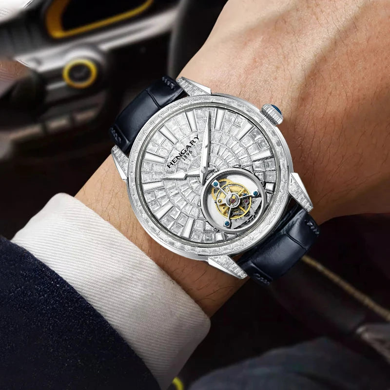 HENGARY Luxury Diamond-Set Tourbillon Gentlemen's Watch- Automatic Movement  Black Calfskin Strap 50m ATM 43mm Dial Zircon