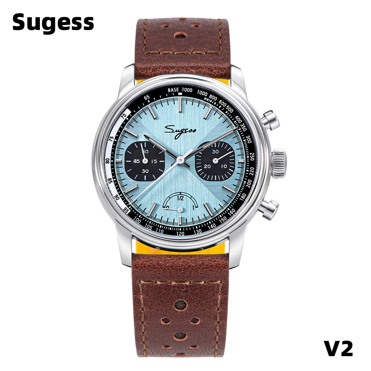Sugess Pilot Watch Men ST1906 Movement Hand wind Chronograph Wristwatches -Sapphire Waterproof Hand Wind Power Reserve Luminous V2