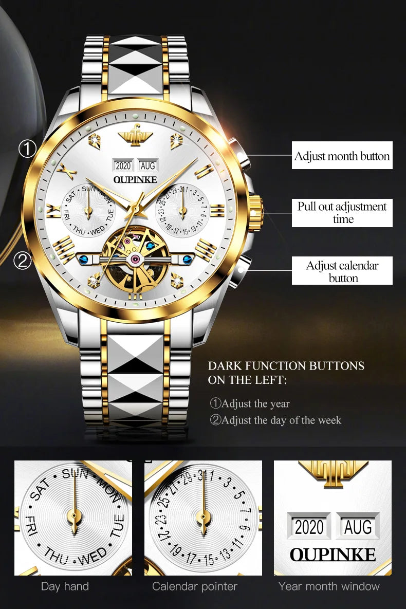 OUPINKE Original Automatic Mechanical Watch for Men- High-End Tourbillon Skeleton Men's Watches Top Luxury Dress Wristwatches