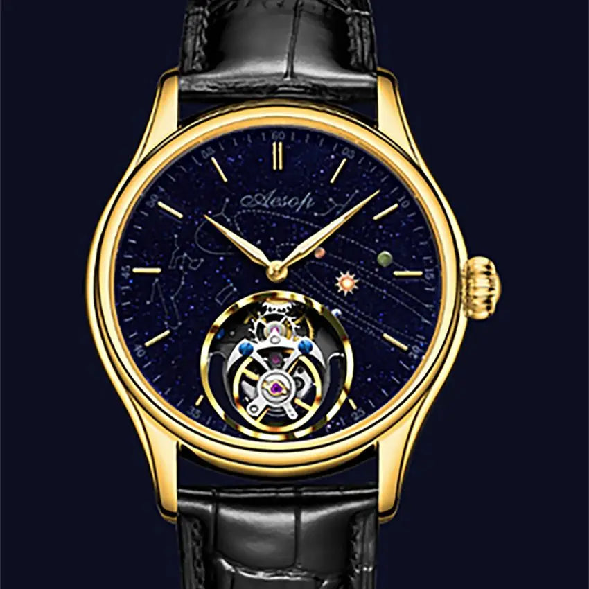 AESOP New Luxury Real Flying Tourbillon Mechanical Sapphire Waterproof Watch- Skeleton Men`s Wristwatches- Stainless Steel