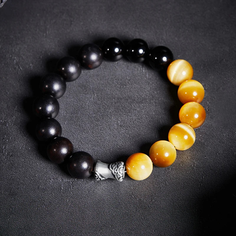 Men Bicolor Natural Tiger Eyes Obsidian Stone Bracelet- Lucky Crystals Charm Bracelet New Fashion Life Tree Jewelry