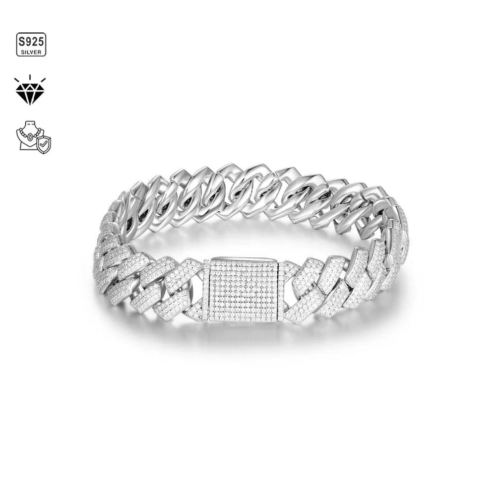 1pc S925 Sterling Silver with Moissanite 12mm Cuban Bracelet- Unisex,  Gemstone Jewelry