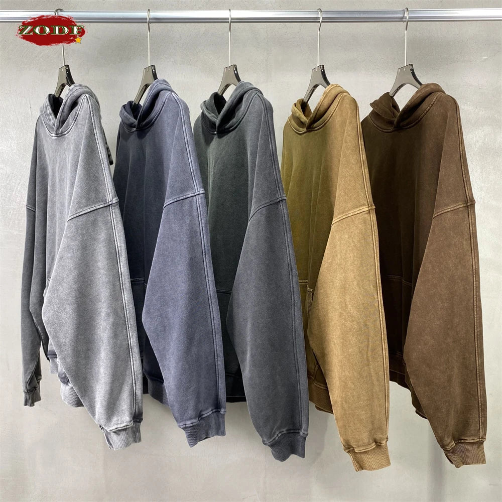 ZODF Vintage Batik Washed 420gsm Cotton Heavyweight Loose Hip Hop Hoodies For Men