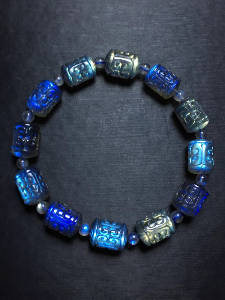 Natural Blue Labradorite Clear Barrel Beads Bracelet 9.5mm for Men- Carved Gemstone Grey Moonstone 9mm 10mm 11mm 12mm AAAAAA