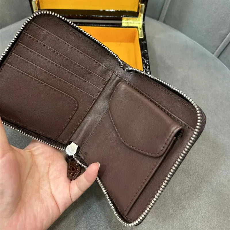 Authentic Exotic Alligator Leather Men's Short Black ZIP Bifold Wallet- Genuine Real Crocodile Skin Male Small Brown Card Holder