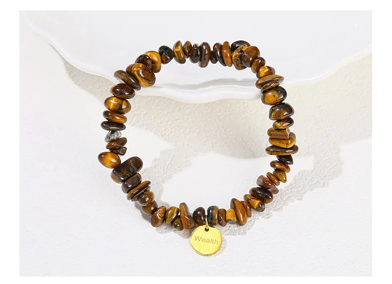 Natural Healing 10pc Natural Amethyst Tiger Eye Irregular Stone Wealth Lucky Pendant Bracelet- Unisex Trendy Stretch Yoga Meditation Gift