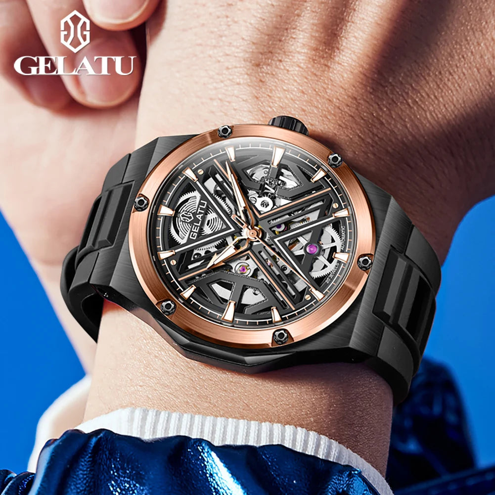 GELATU 6006 Original Deep Waterproof Men`s Mechanical Wristwatch- Hollow Skeleton Sapphire Mirror Luxury Automatic Watch.