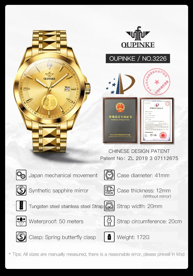 OUPINKE Swiss Certification Automatic Mechanical Watch for Men- Luxury Top Brand Real Gold Real Diamond Sapphire Mirror Wristwatch