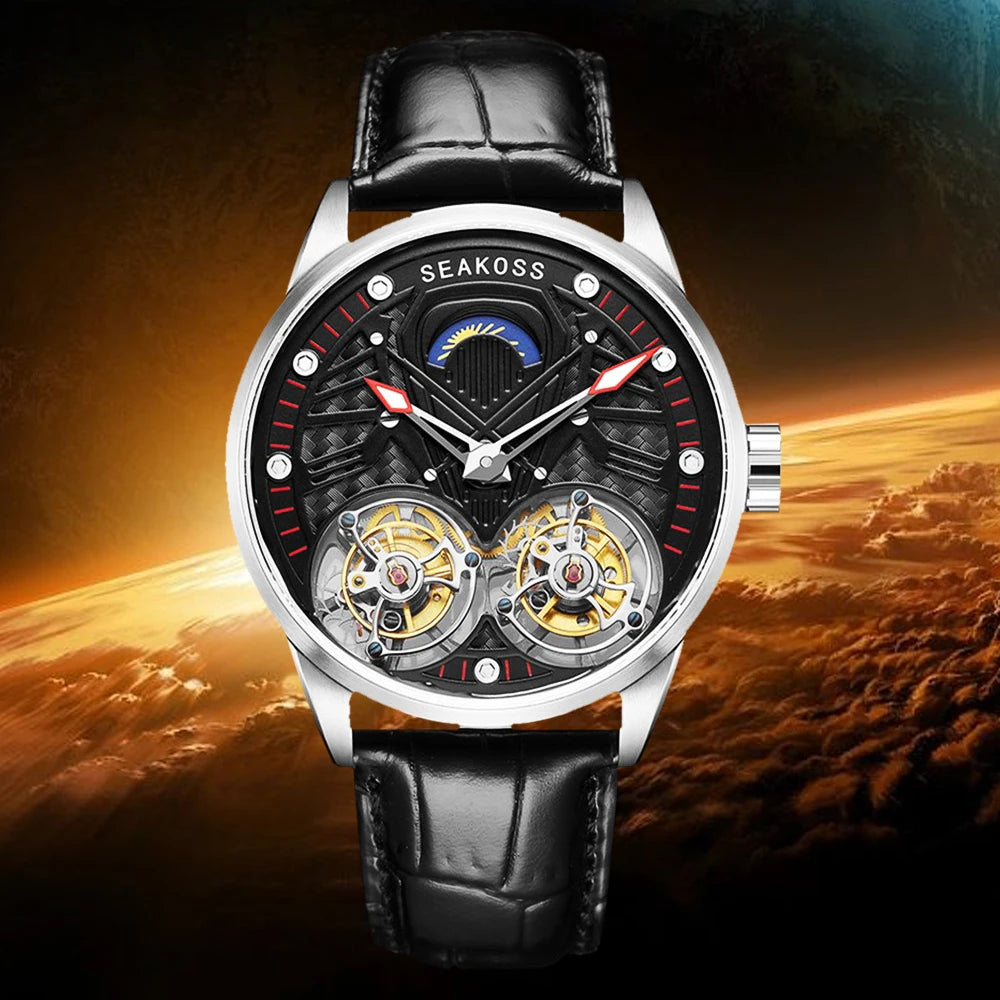 SEAKOSS Top Brand Double Tourbillon Men's Mechanical Watches- Hand Winding Movement Men`s Wristwatches with Sapphire Luminous Waterproof Lens.