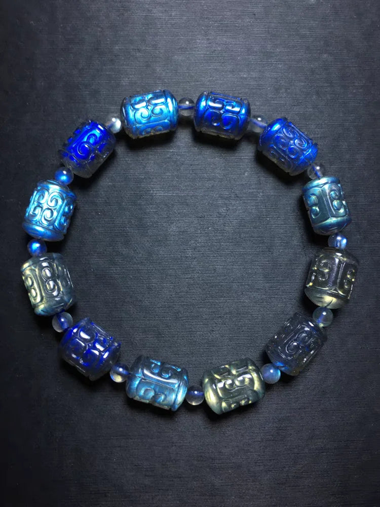 Natural Blue Labradorite Clear Barrel Beads Bracelet 9.5mm for Men- Carved Gemstone Grey Moonstone 9mm 10mm 11mm 12mm AAAAAA