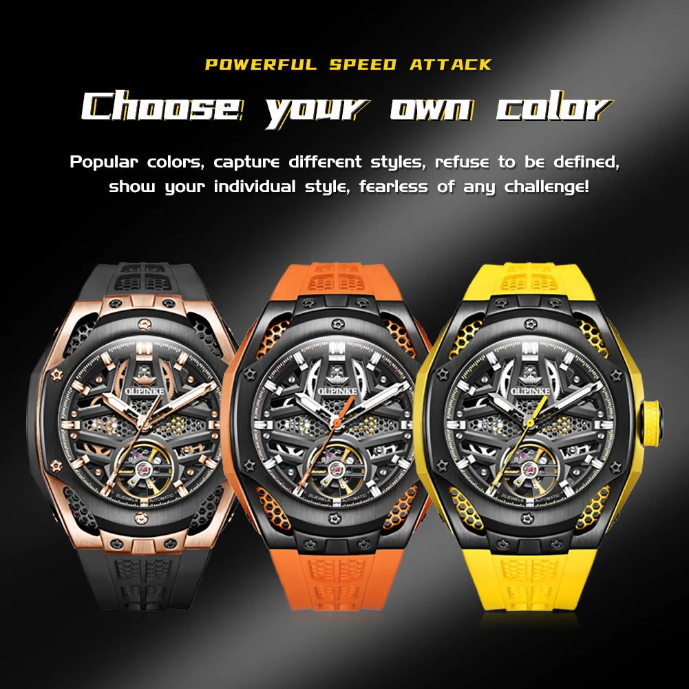 OUPINKE 9003 Silicone Strap Hollow Dial Men's Mechanical Casual Style Watch with 5Bar Water Resistance Depth.