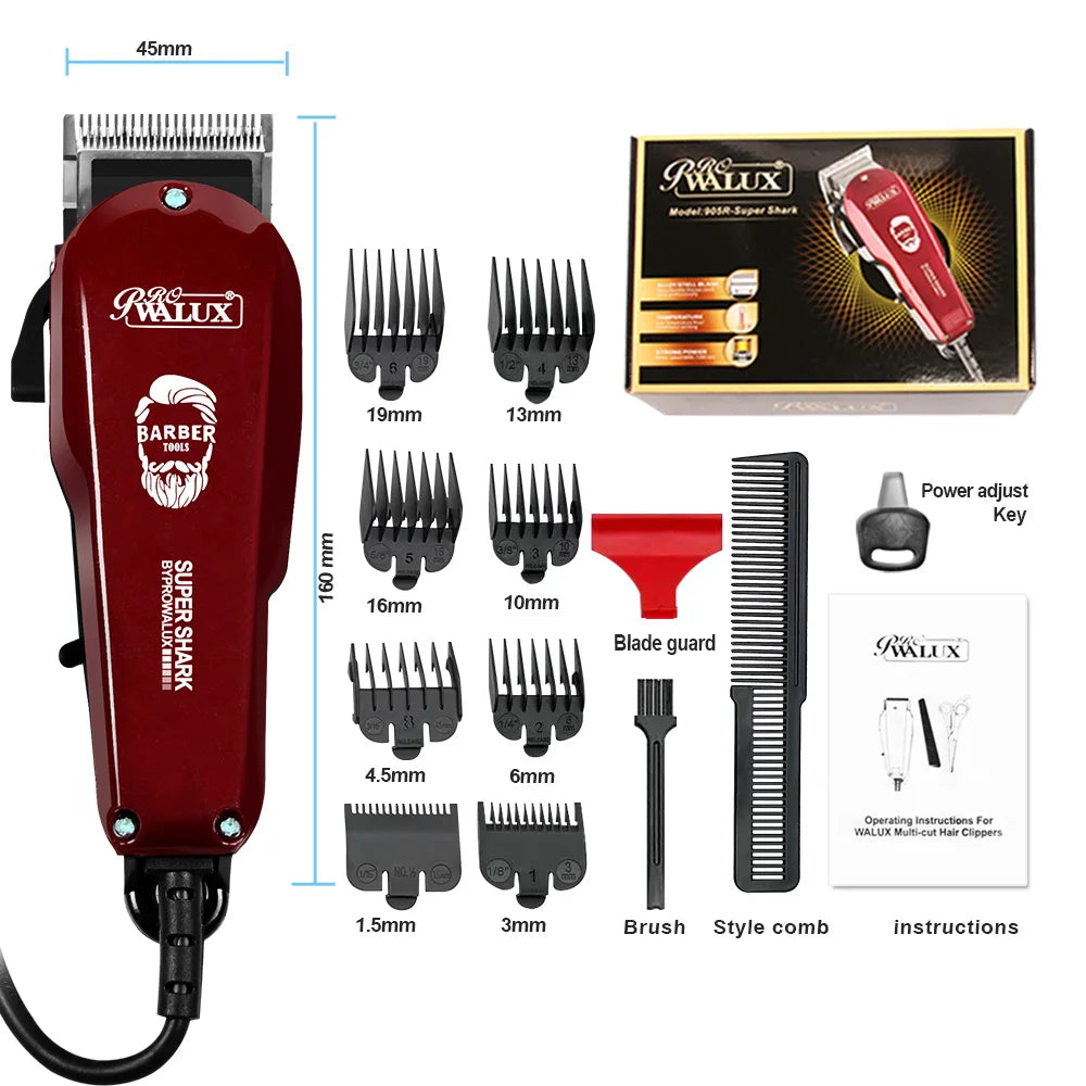 WALUX Professional AC220-240V Hair Clipper 10W Powerful Hair Trimmer- Home Man Shaver 2M Cable Hair Cutting Machine 8 Guard Combs