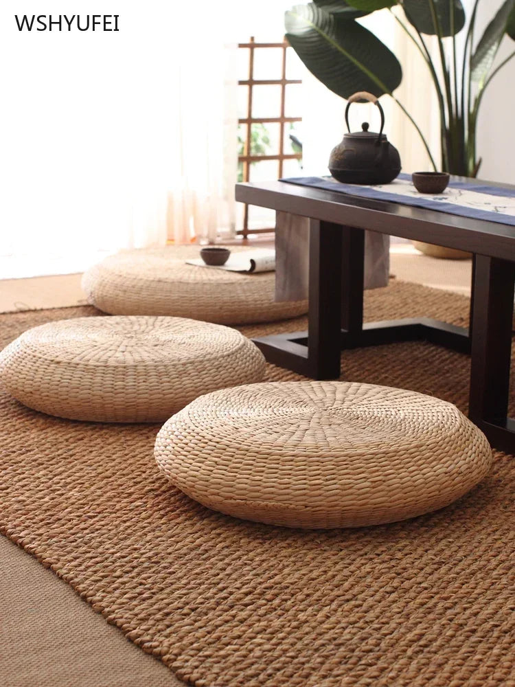 Japanese Style Futon Straw Cushion on the ground Thickened Round Tatami Cushions- Home Portable Sitting Cushion Meditation Mat