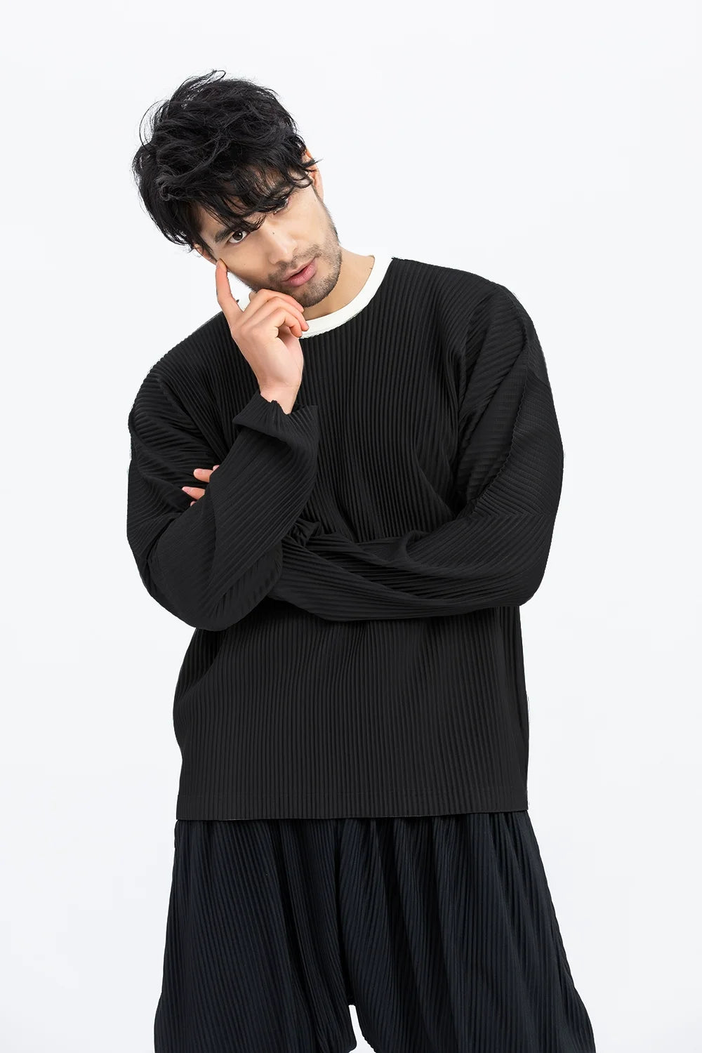 Miyake Pleated Full Sleeve Round Collar T Shirt For Men- Fashion Japanese Long Sleeve Streetwear