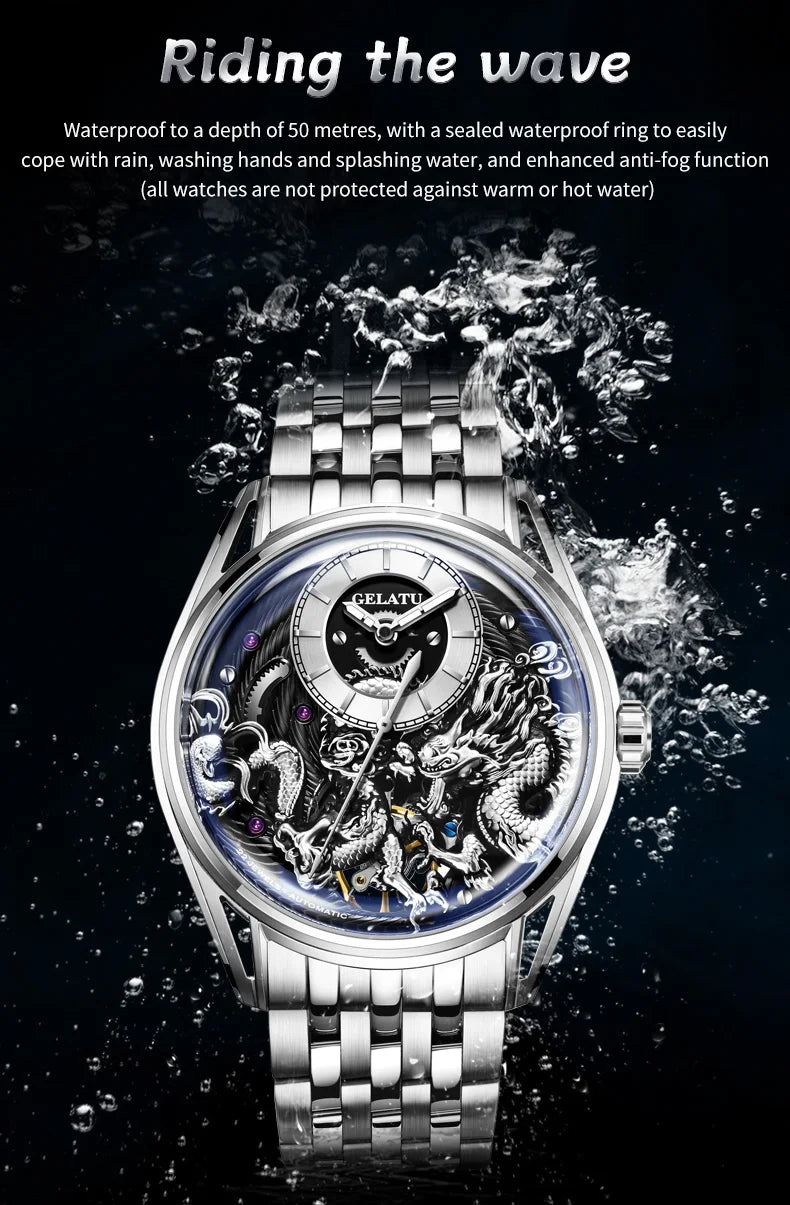 GELATU Dragon Men`s Luxury Classic Stainless Steel Silver Automatic Mechanical Waterproof Wristwatch - DeRae's Shop For Goods