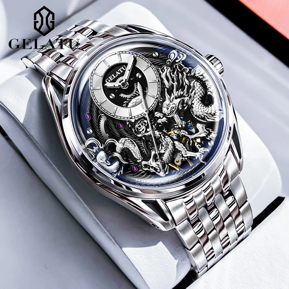 GELATU Dragon Men`s Luxury Classic Stainless Steel Silver Automatic Mechanical Waterproof Wristwatch - DeRae's Shop For Goods