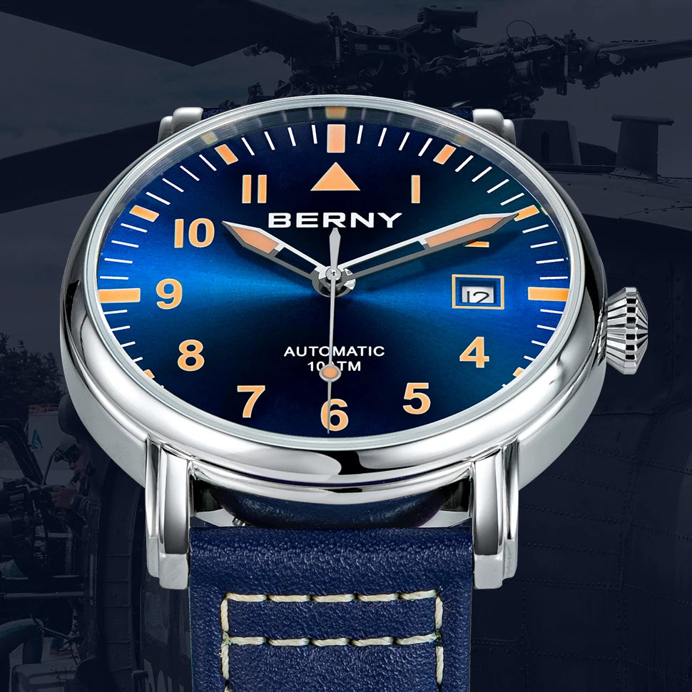 BERNY Pilot Automatic Watch for Men- Mechanical Luminous Army Military Vintage with Sapphire Waterproof 100m Diver Wristwatch Men