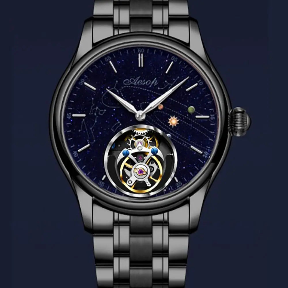 AESOP New Luxury Real Flying Tourbillon Mechanical Sapphire Waterproof Watch- Skeleton Men`s Wristwatches- Stainless Steel