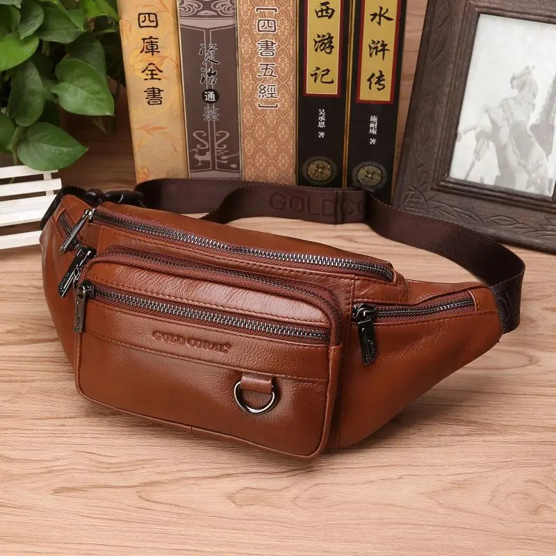Genuine Leather Waist Fanny Pack Bag For Men- Travel Retro Natural Skin Male Purse Cross Body Sling Chest Hip Bum Belt Bags
