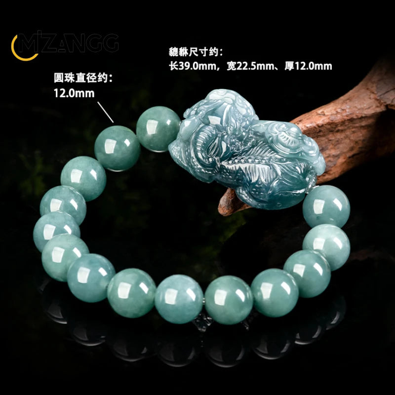 Natural Jadeite Blue Water Bully King Pixiu String Hand-carved Luxury Charm Ice Jade Bracelet for Men