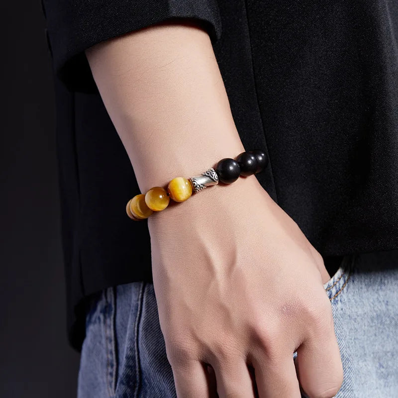 Men Bicolor Natural Tiger Eyes Obsidian Stone Bracelet- Lucky Crystals Charm Bracelet New Fashion Life Tree Jewelry