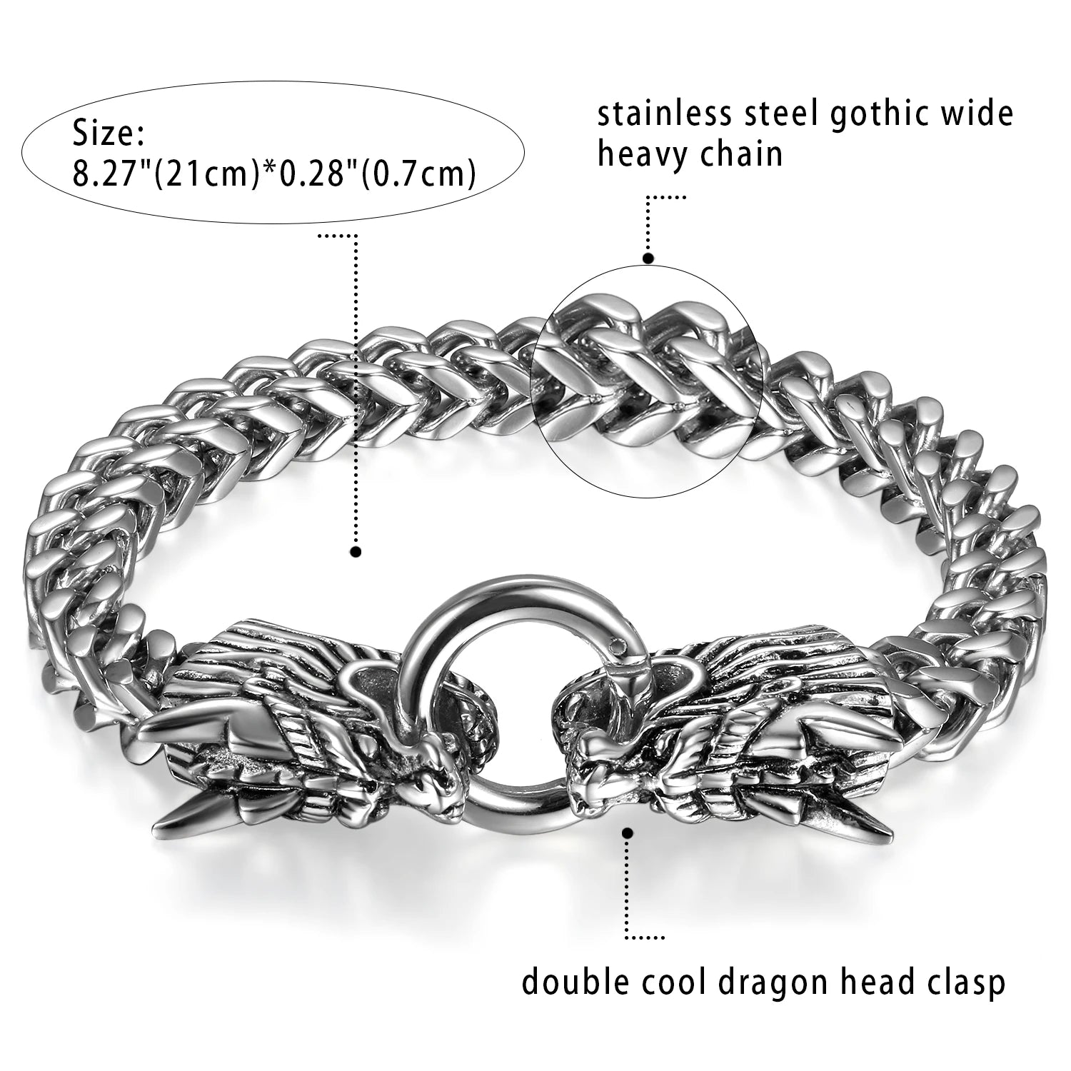 Boniskiss Viking Gothic Heavy Double Dragon Head Men's Stainless Steel Punk Chain Link