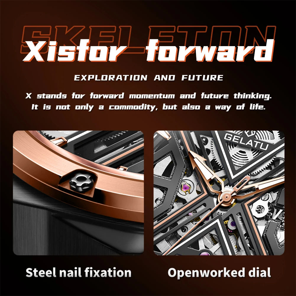 GELATU 6006 Original Deep Waterproof Men`s Mechanical Wristwatch- Hollow Skeleton Sapphire Mirror Luxury Automatic Watch.