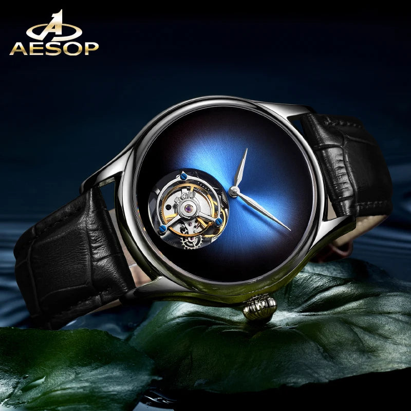AESOP Men's Luxury Central Manual Tourbillon Mechanical Watch- Gradient Aurora Simple Advanced Light Luxury 3Bar Waterproof Watch