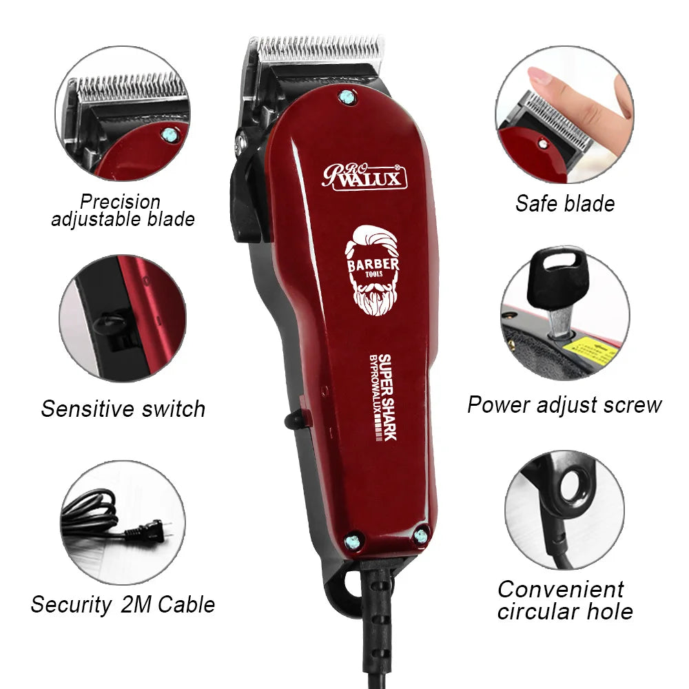 WALUX Professional AC220-240V Hair Clipper 10W Powerful Hair Trimmer- Home Man Shaver 2M Cable Hair Cutting Machine 8 Guard Combs