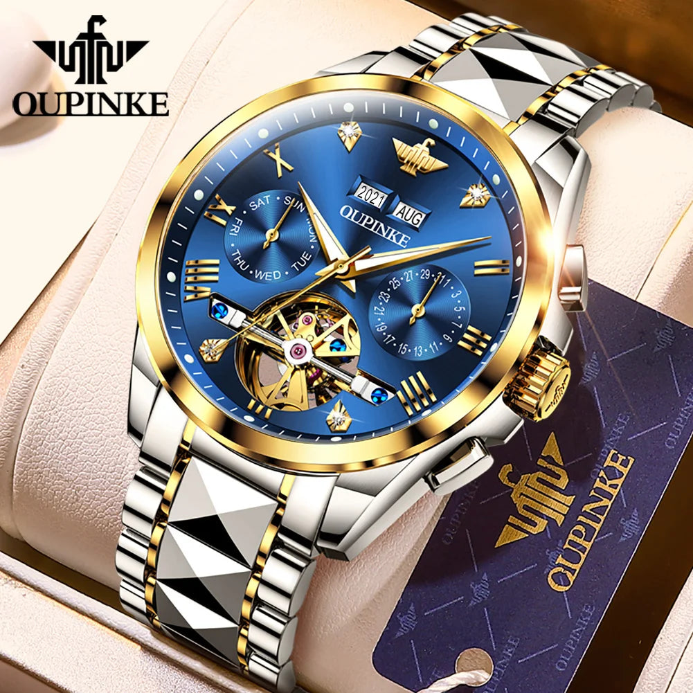 OUPINKE 3186 Luxury Hollow Mechanical Watch For Men -Auto Date Deep Waterproof Wristwatch and Top Brand Roman Scale Dress Watch