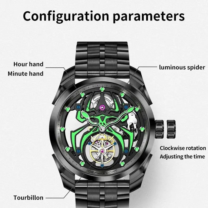 Ideal Knight 6802 Tourbillon Watch for Men- Black Tungsten Steel Deep Waterproof Luminous Spider Automatic Mechanical Men's Watch