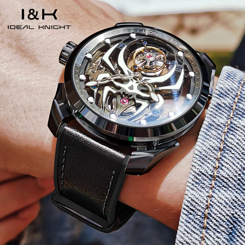 Ideal Knight 6802 Tourbillon Watch for Men- Black Tungsten Steel Deep Waterproof Luminous Spider Automatic Mechanical Men's Watch