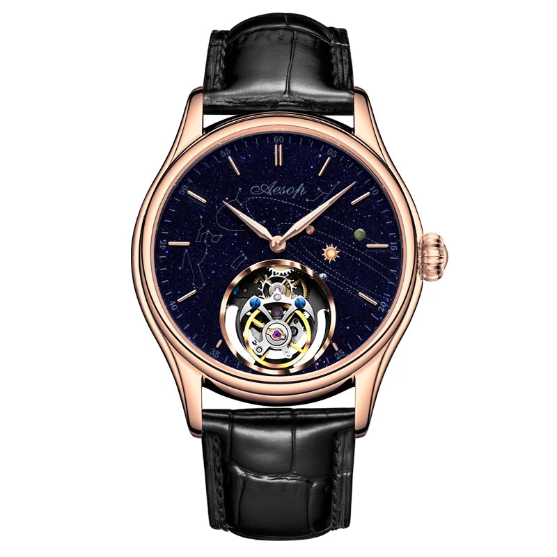 AESOP New Luxury Real Flying Tourbillon Mechanical Sapphire Waterproof Watch- Skeleton Men`s Wristwatches- Stainless Steel