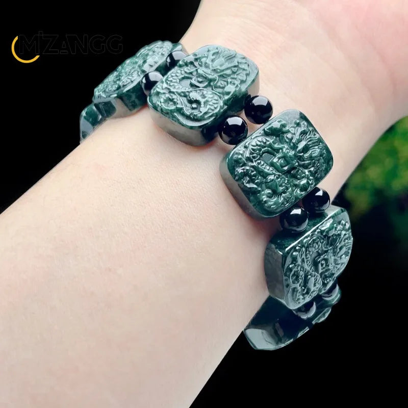 Mzangg High-grade Natural Jade Kowloon Protector Hand- Hand Carved Dark Green Jade Dragon Powerful Men's Bracelet and Lucky Amulet