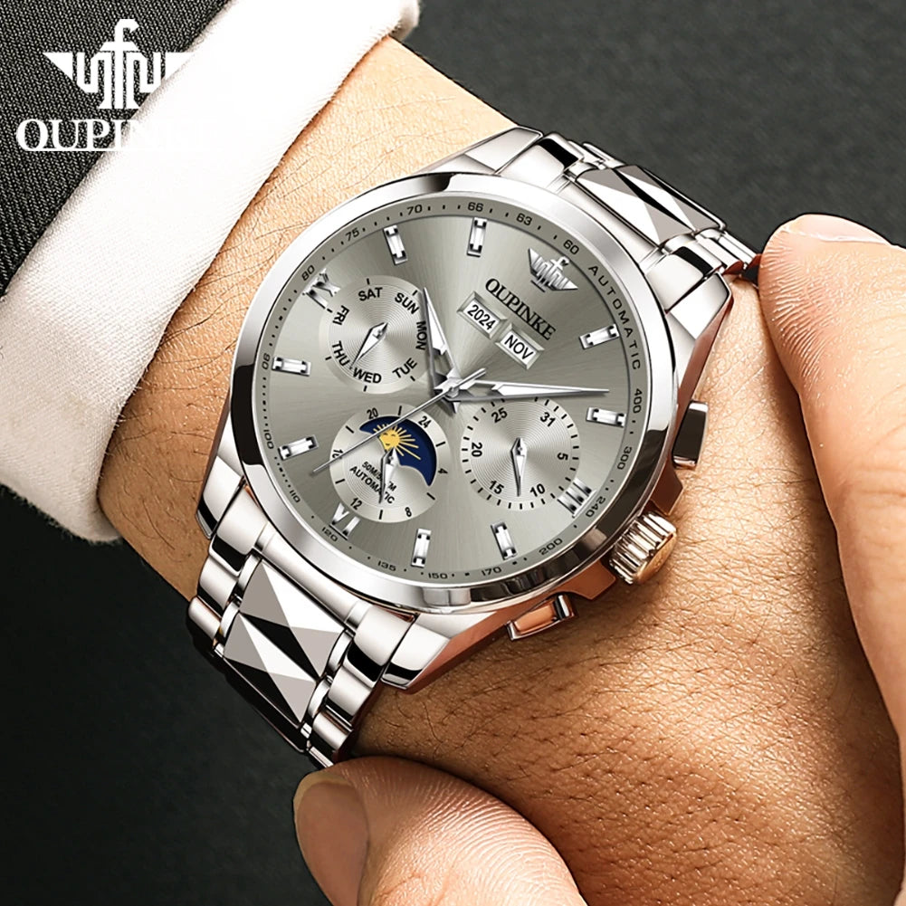 OUPINKE 3201 Multifunctional Men's Watches- Luxury Classic Automatic Mechanical Wrist Watch Gray Dial Date Week Display Watch