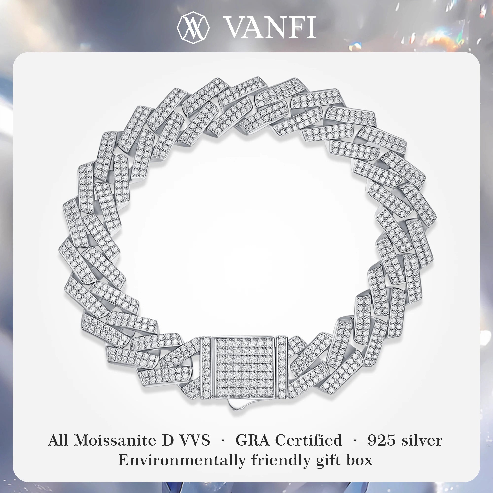 Kfvanfi Moissanite Cuban Men's Exclusive Bracelet- Hip-Hop Chain S925 Sterling Silver Plated 18K White Gold Vintage Jewelry