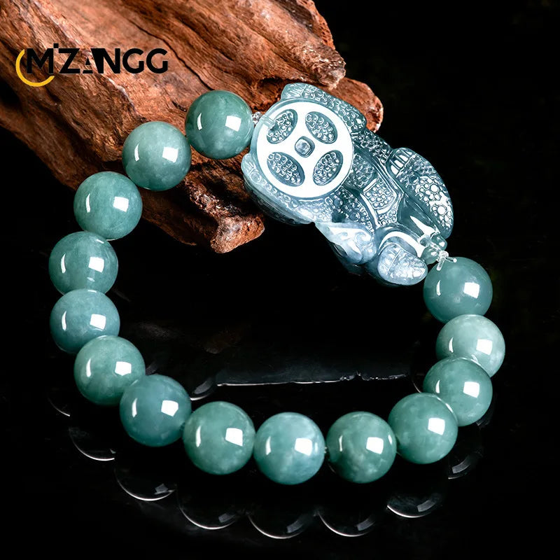 Natural Jadeite Blue Water Bully King Pixiu String Hand-carved Luxury Charm Ice Jade Bracelet for Men