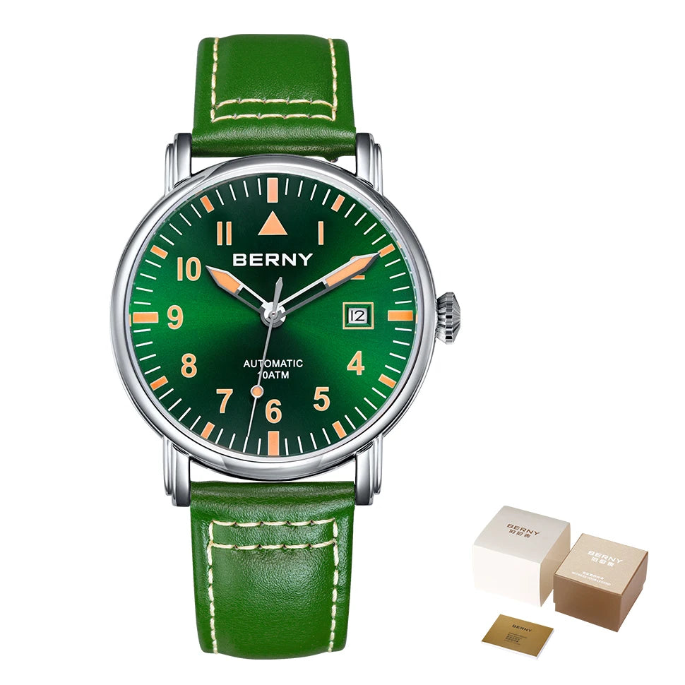 BERNY Pilot Automatic Watch for Men- Mechanical Luminous Army Military Vintage with Sapphire Waterproof 100m Diver Wristwatch Men