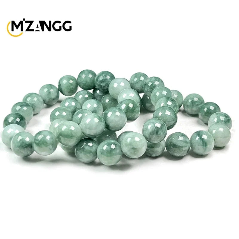 Natural Myanmar Floating Green Flower Jadeite Round Beads String High-Grade Fashion Unisex Bracelet