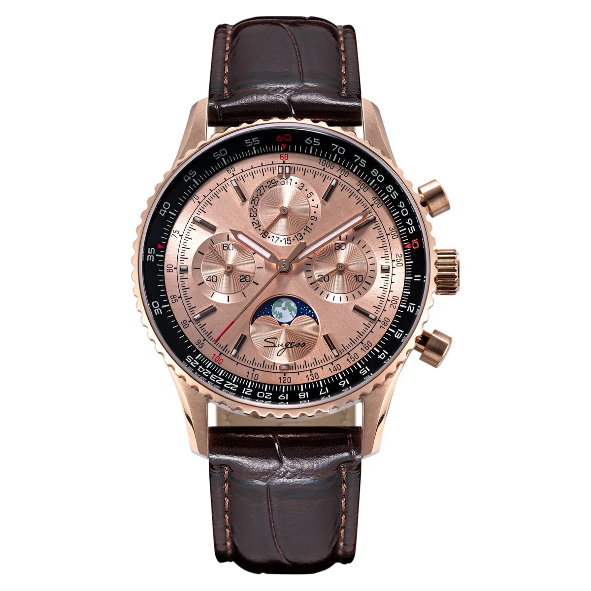 Sugess Watch- Mens Moonphase Pilot Chronograph Mechanical Wristwatches Tianjin ST1908 Movement  with Swanneck Sapphire Crystal Luminous Lens