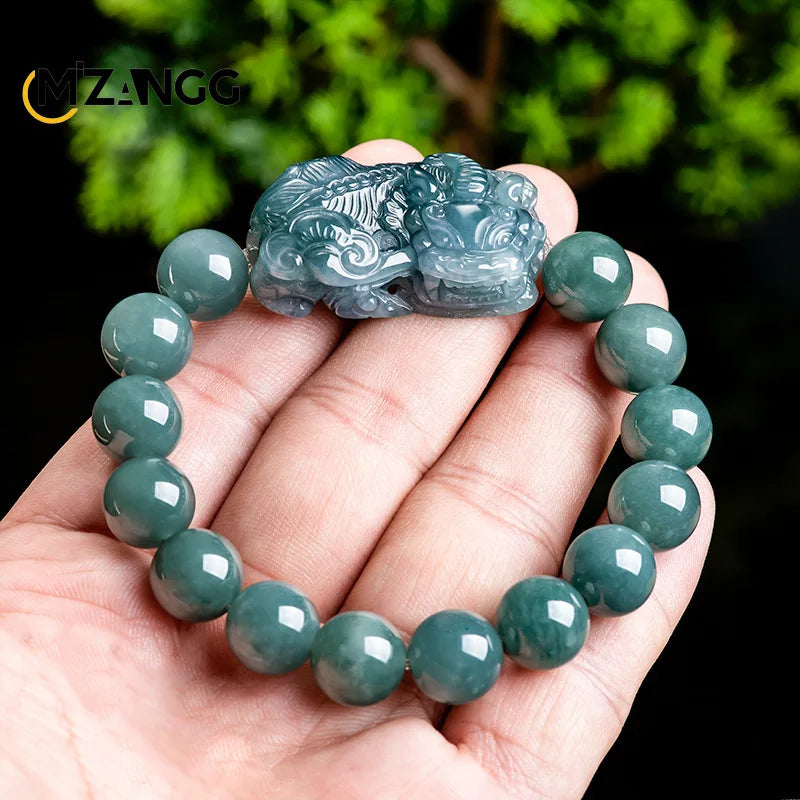 Natural Jadeite Blue Water Bully King Pixiu String Hand-carved Luxury Charm Ice Jade Bracelet for Men