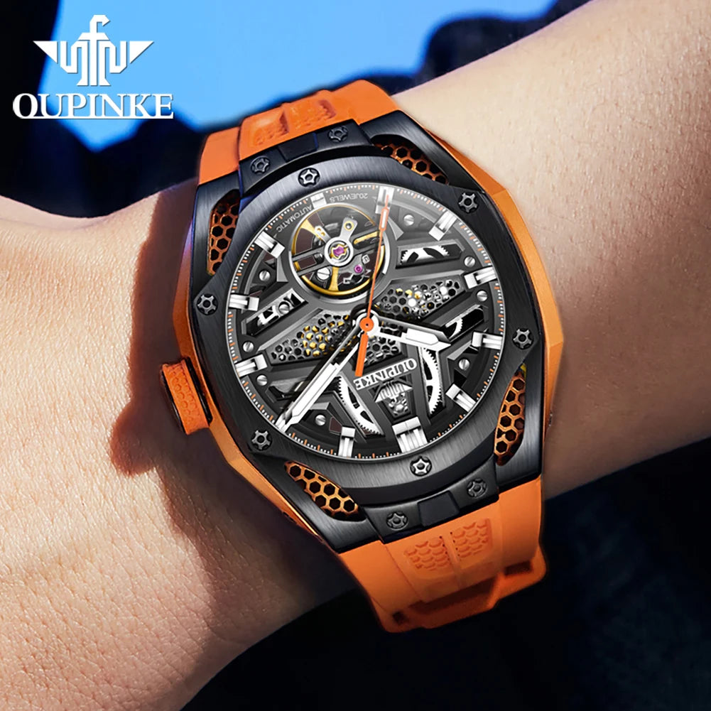 OUPINKE 9003 Silicone Strap Hollow Dial Men's Mechanical Casual Style Watch with 5Bar Water Resistance Depth.
