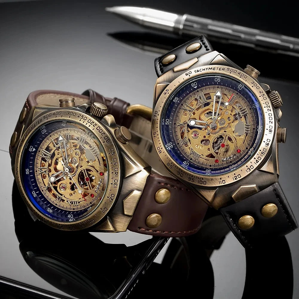 Bronze Retro Skeleton Automatic Steampunk Mechanical Luminous Watch for Men